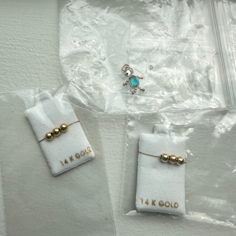 14K Yellow Gold Round Spacer Bead Sets and Teal Stone Stick Figure Charm Bundle